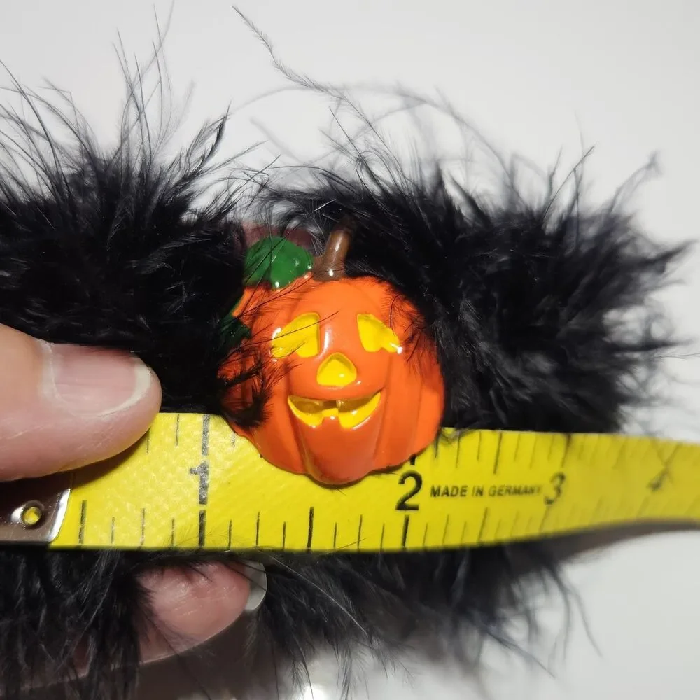 Black Feathery Orange Halloween Pumpkin Barrette Silver Tone